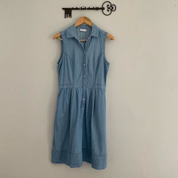 New York and Company chambray fit and flare sleeveless button down summer dress - Picture 1 of 9
